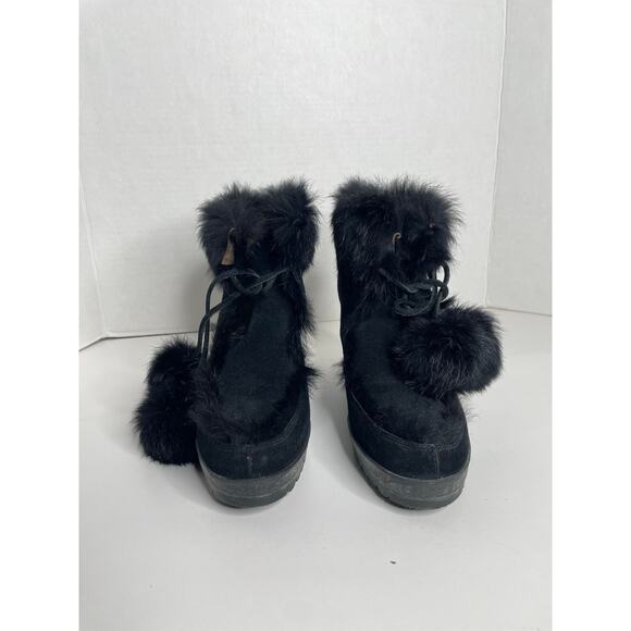 COACH Kataya Boot Black Suede Rabbit Fur Trim Lace Up Wedge Booties Size 6.5 - Picture 2 of 8